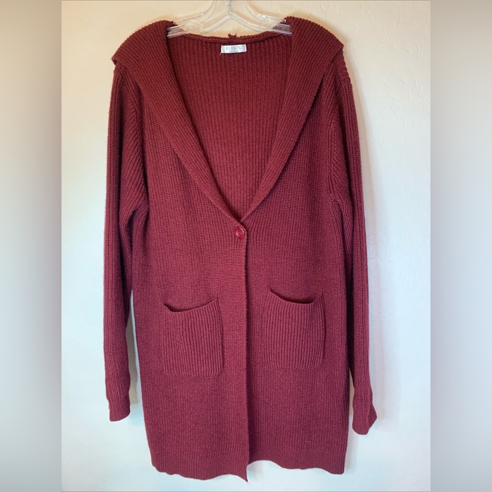 Elesol Womens Burgundy Longline Hooded Cardigan Sweater Knit Pocket Wine L 0696